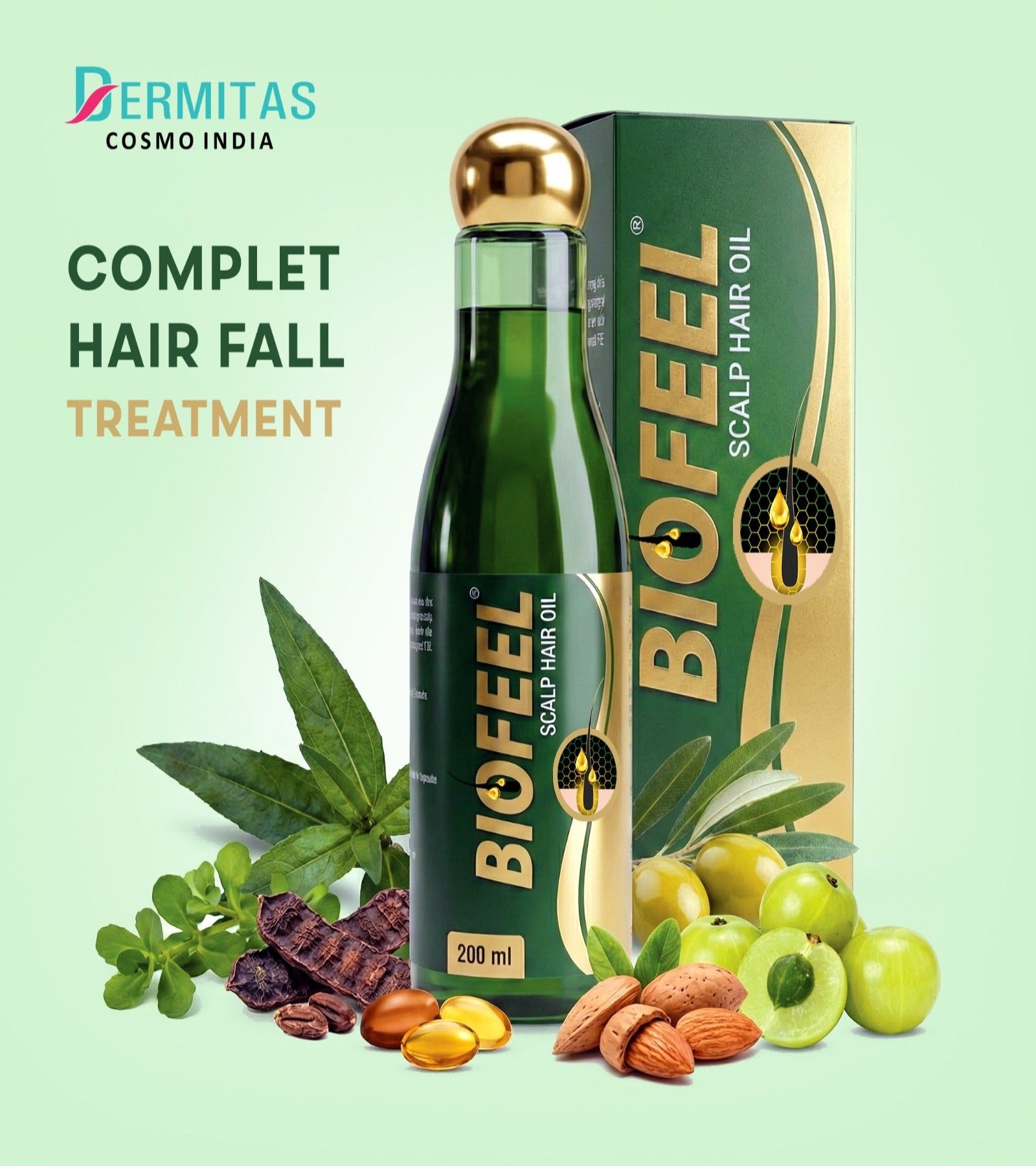 Biofeel Scalp Hair Oil bottle and packaging with ingredients on a light green background